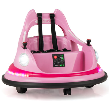 12V Kids Ride On Bumper Car in pink with dual joysticks and 5 light effects