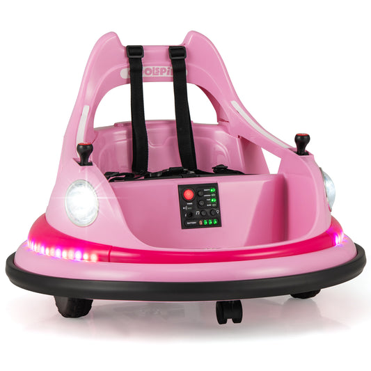 12V Kids Ride On Bumper Car in pink with dual joysticks and 5 light effects