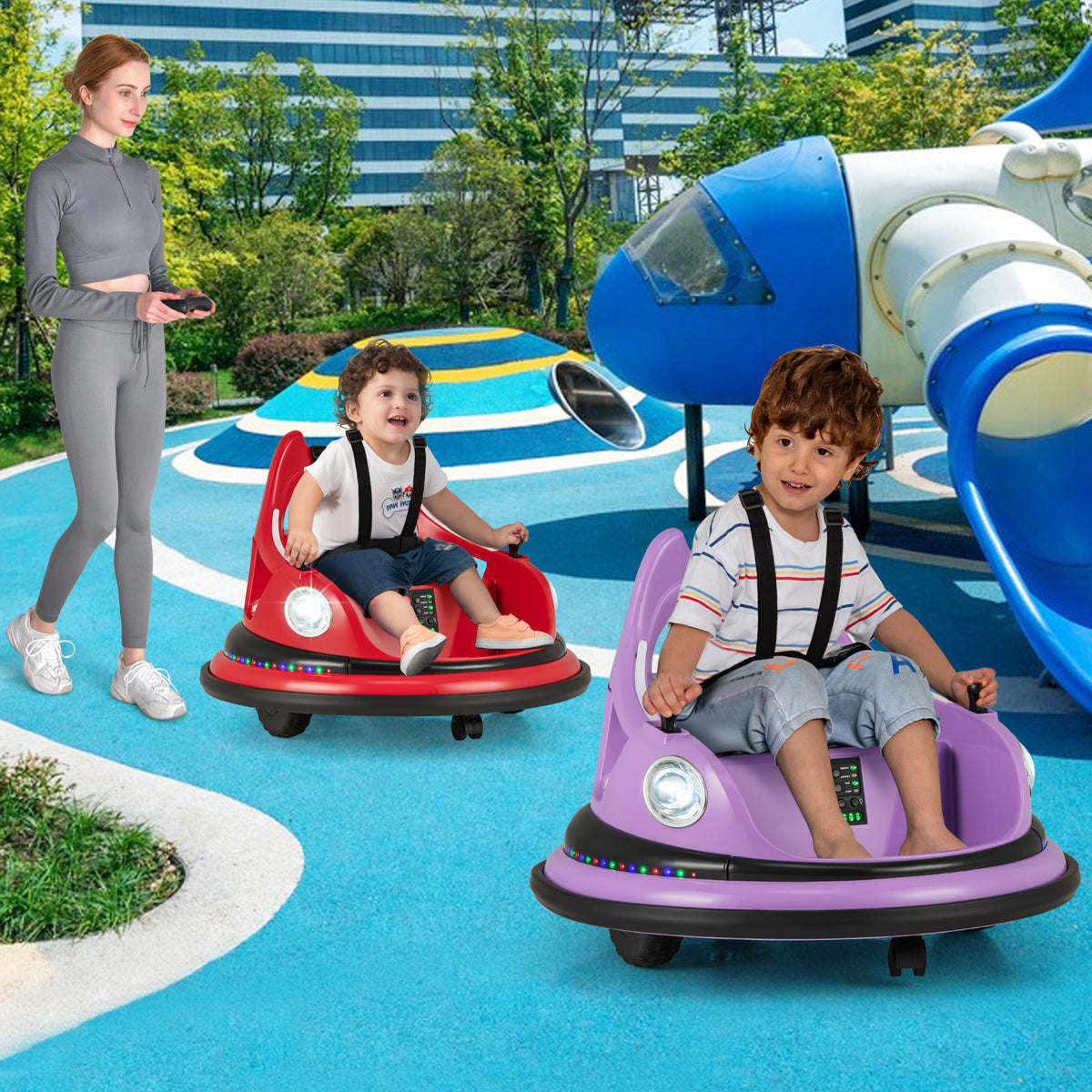 The purple bumper car with a child sitting inside on a blue playground surface
