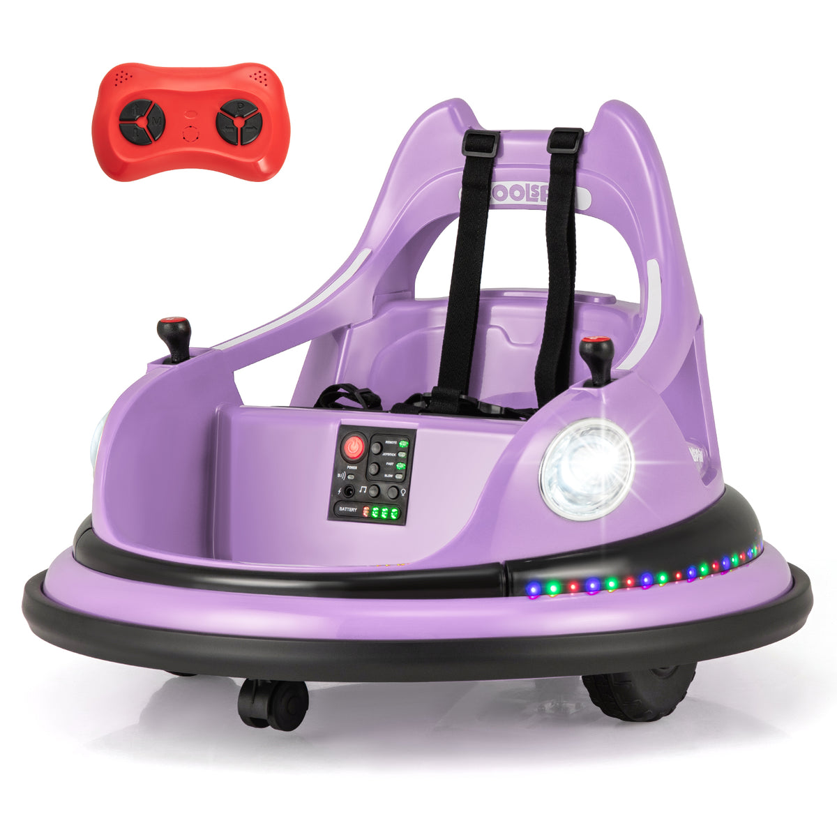 The purple bumper car with a red remote control handset positioned above it