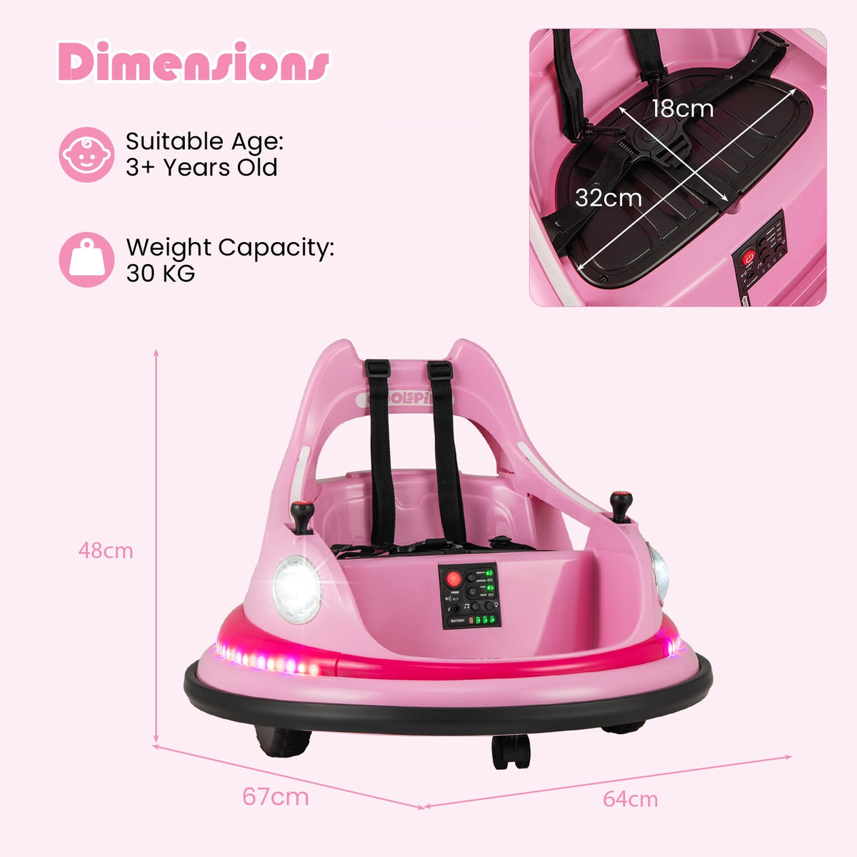Dimensions diagram for the pink kids electric bumper car showing height and width