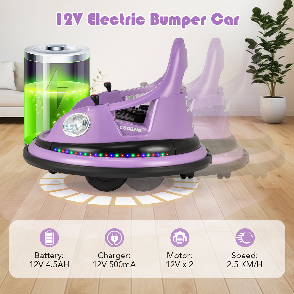 The purple bumper car with a battery graphic and technical information overlay