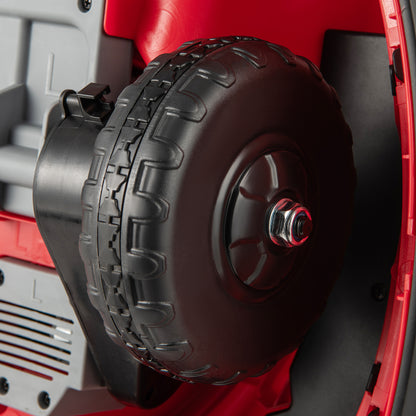 Close-up of the wheel and tyre on the red kids electric bumper car