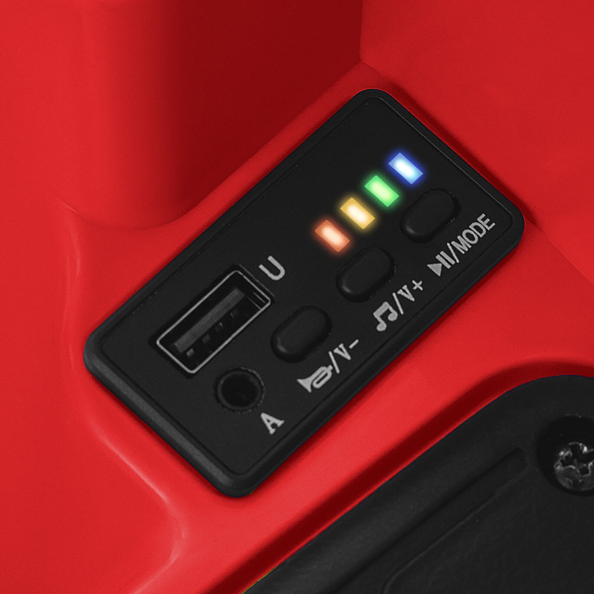 The control panel of the kids electric car featuring a USB port and music playback buttons