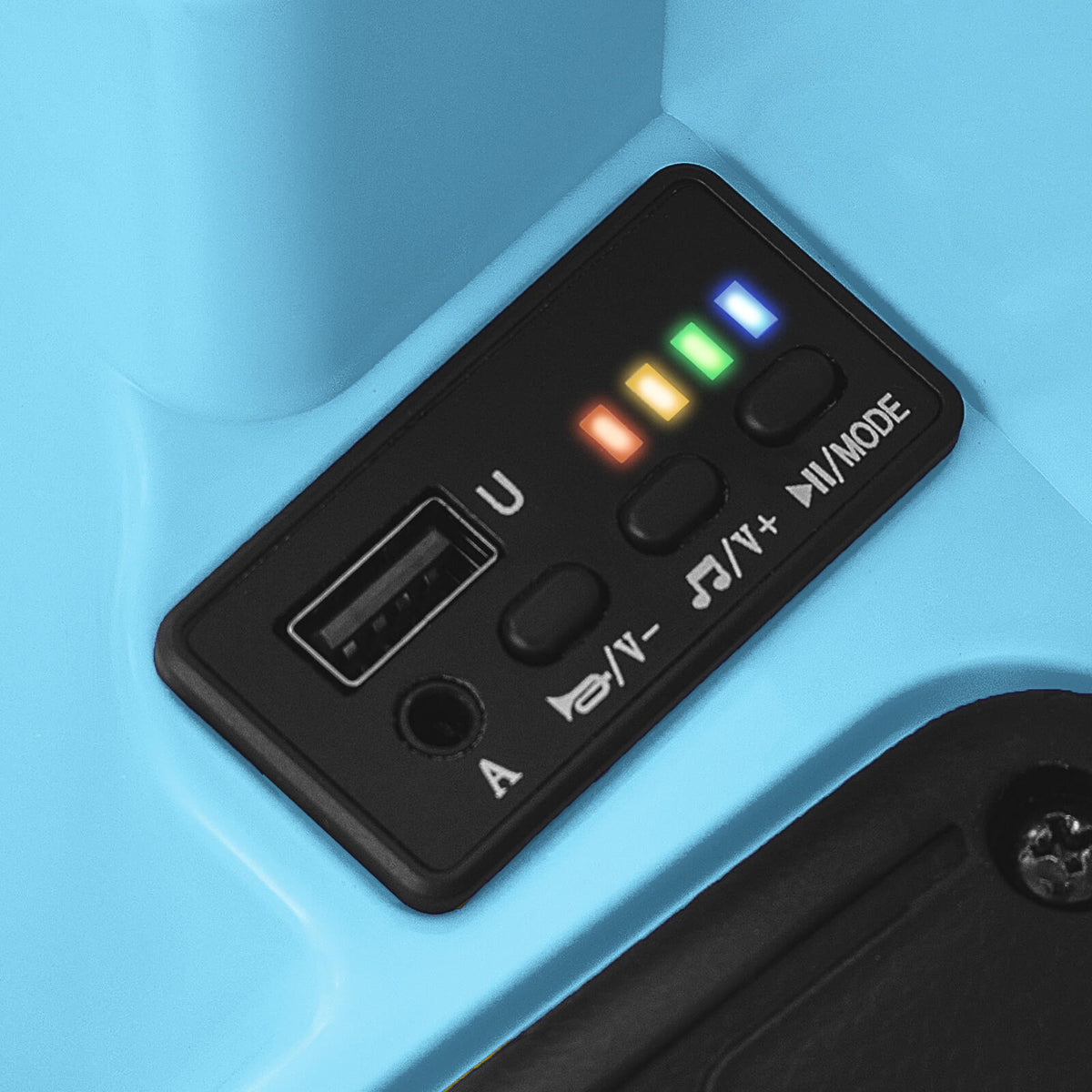 Close up of the control panel on the blue kids electric bumper car