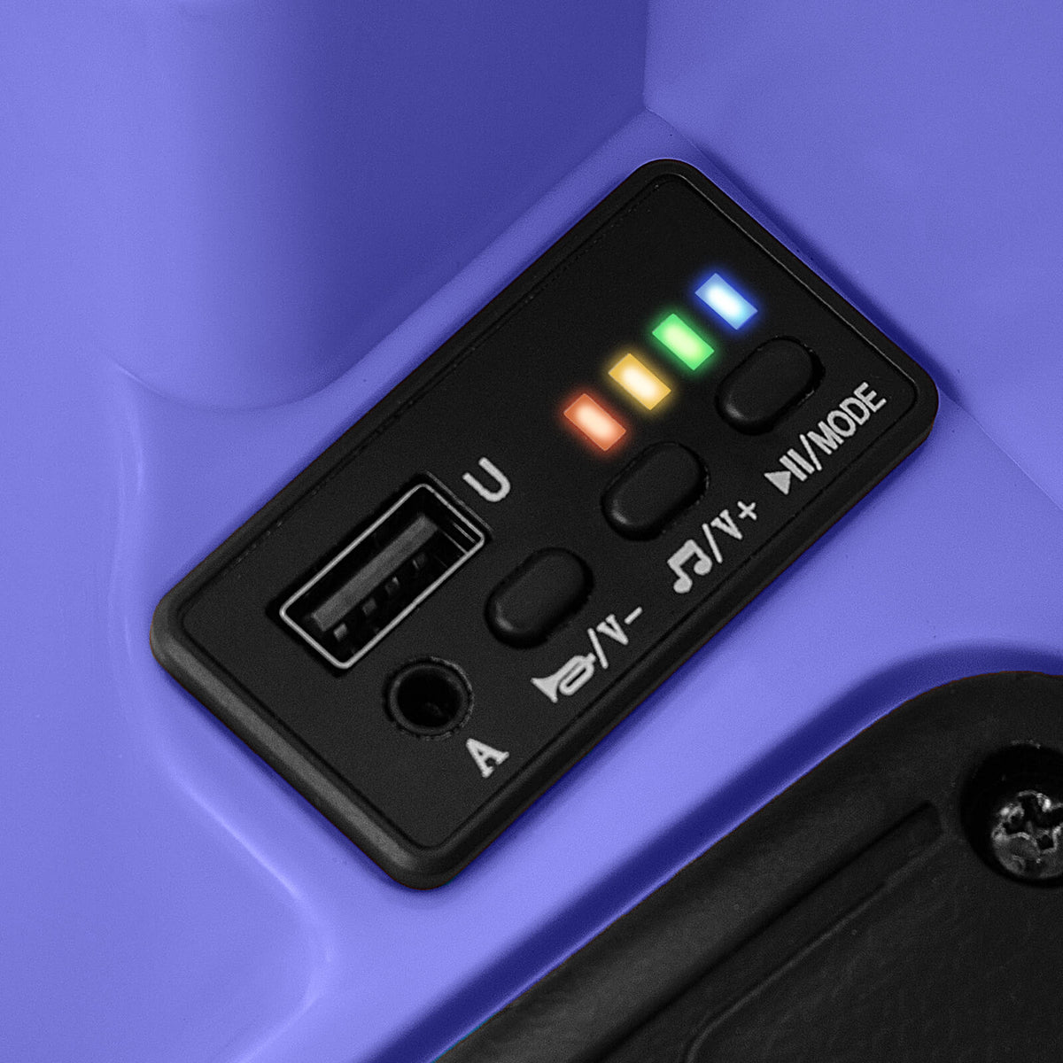 The kids electric car control panel featuring a USB port and music playback buttons