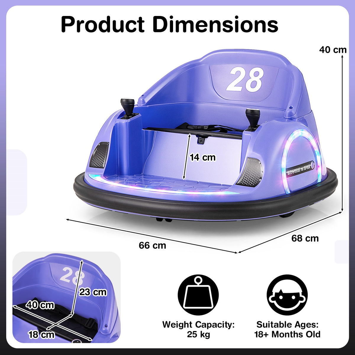The purple bumper car shown with labels indicating its height, width and seat depth