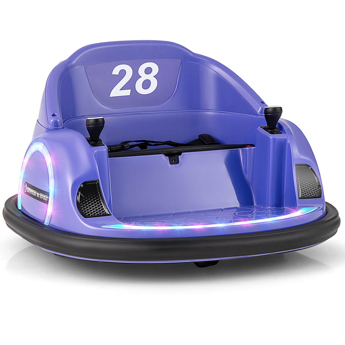 12V Kids Ride on Bumper Car in purple with number twenty-eight and glowing LED light strips