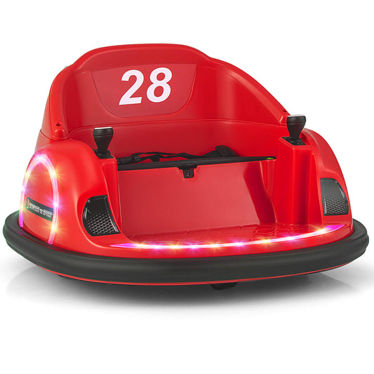 12V Kids Ride on Bumper Car in red with number twenty-eight on the seat and glowing LED lights