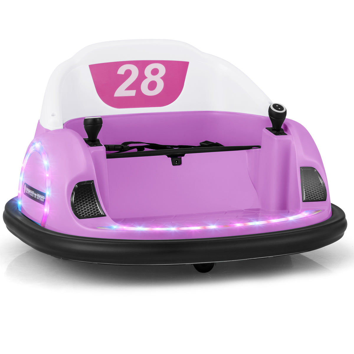 12V Kids Ride on Bumper Car in pink with white seat and flashing LED lights along the base