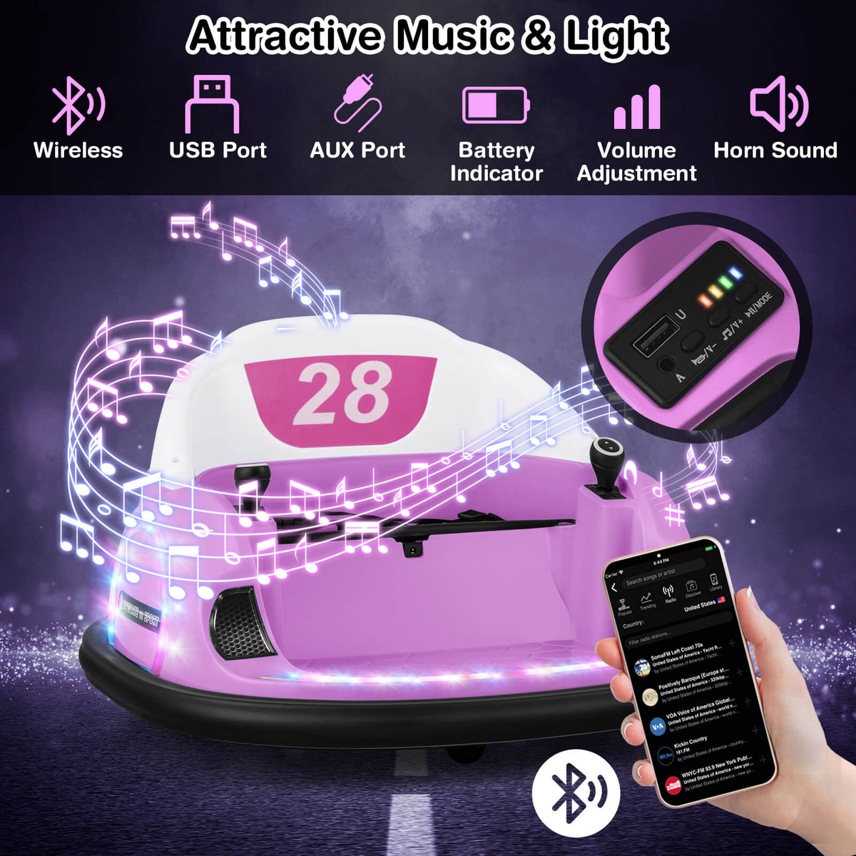 the kids electric car highlighting music and light features with a smartphone connection
