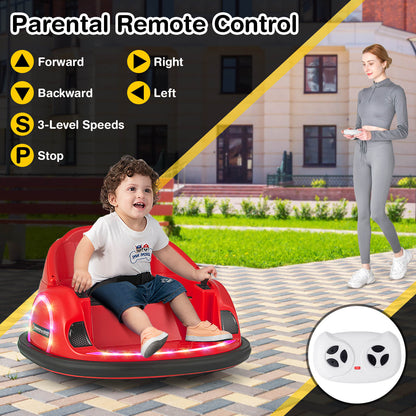 The kids electric car being operated by a parent using a remote control in a garden