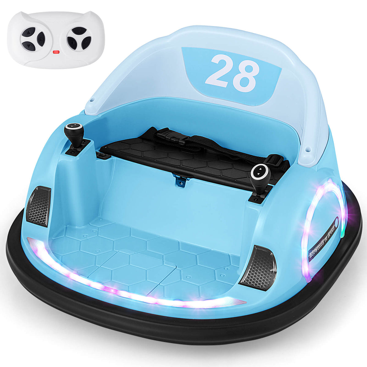 Blue kids electric bumper car with a remote control shown above