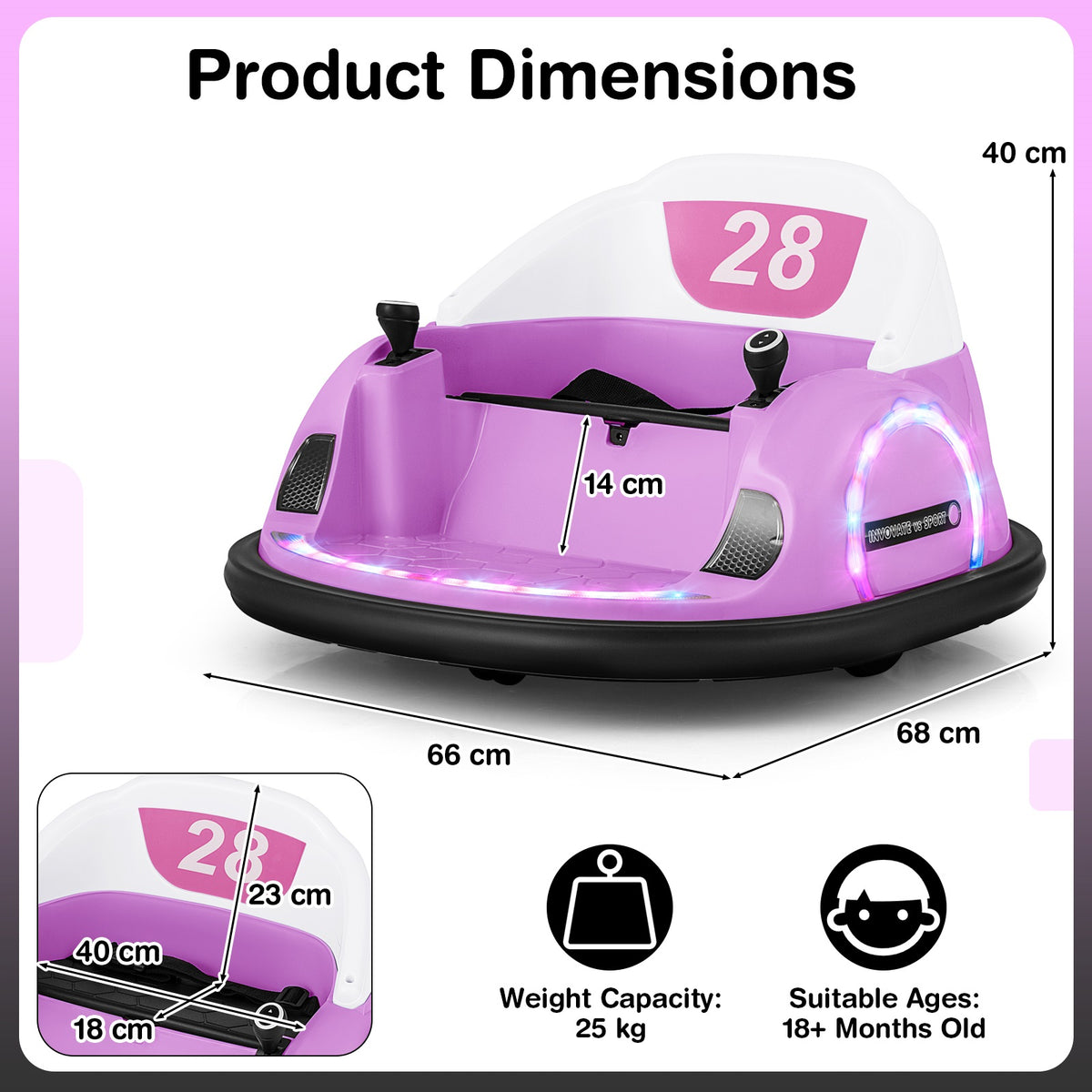 Pink kids electric bumper car with dimensions and weight capacity clearly labelled