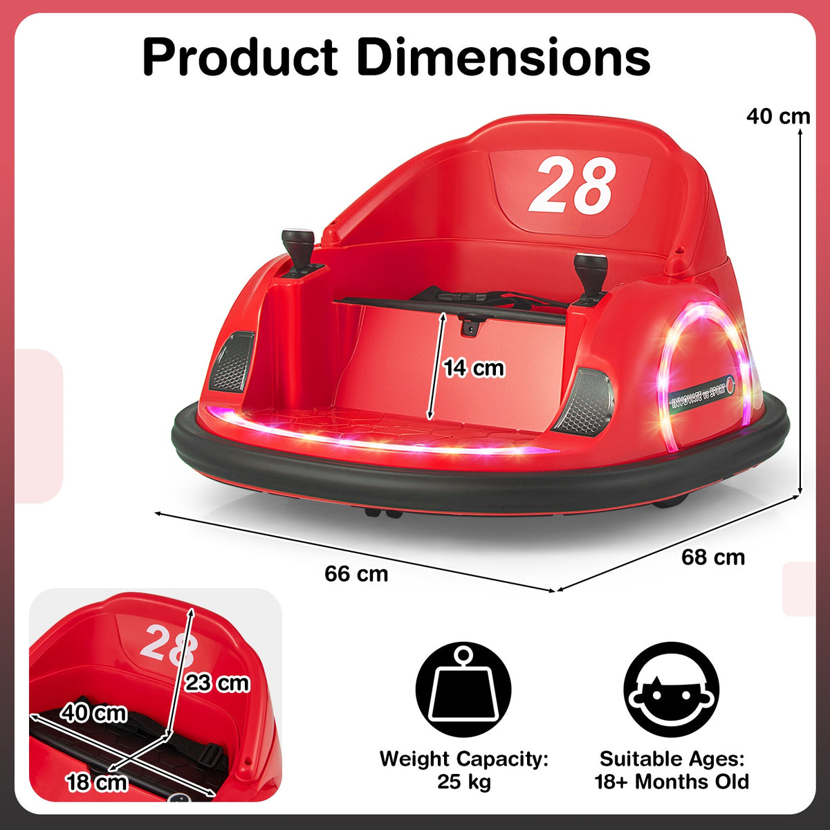 The red kids electric bumper car shown with dimension lines and labels indicating its size