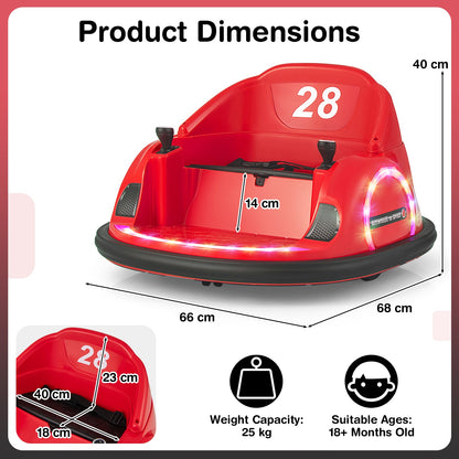 The red kids electric bumper car shown with dimension lines and labels indicating its size