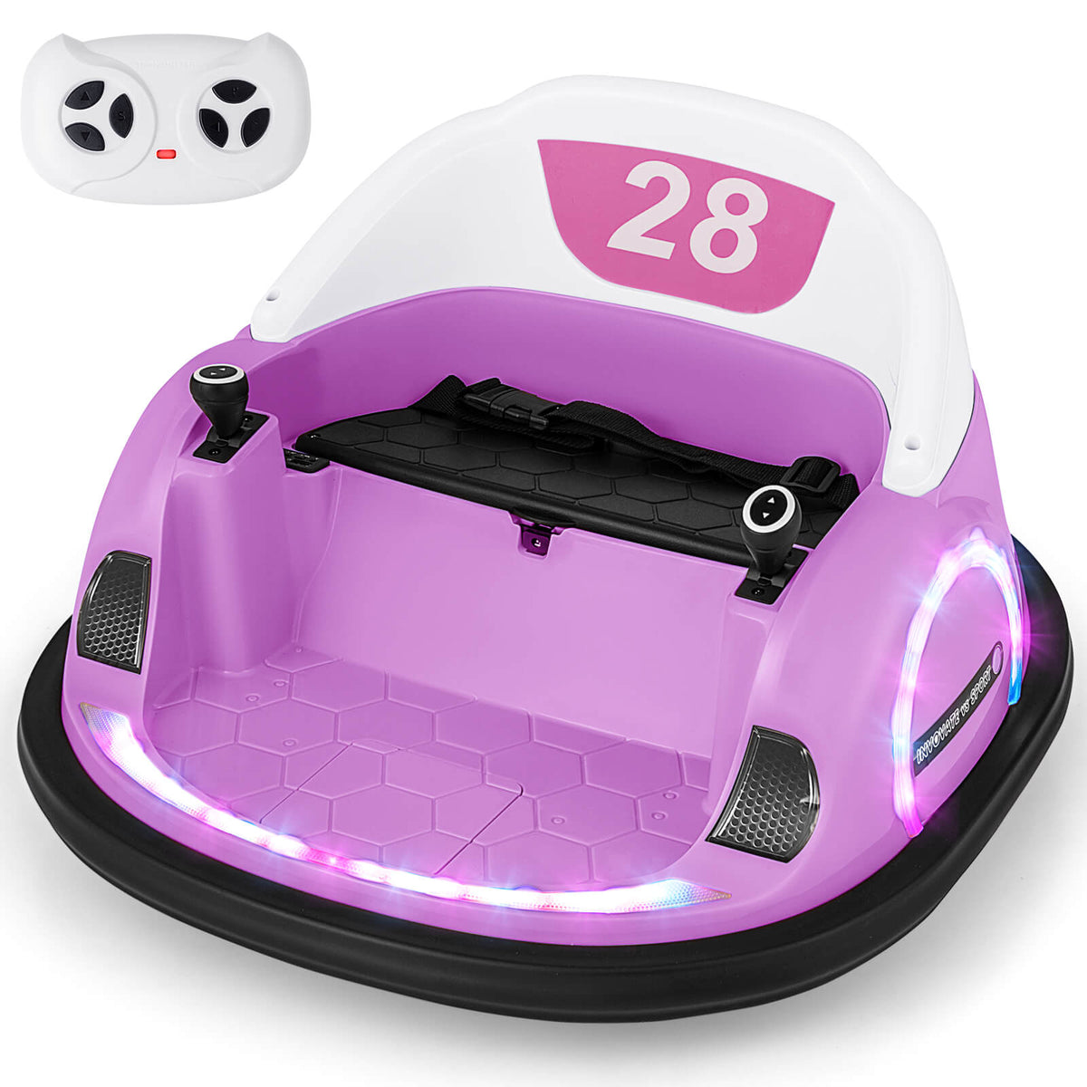 the kids electric car shown with its white remote control unit positioned above it