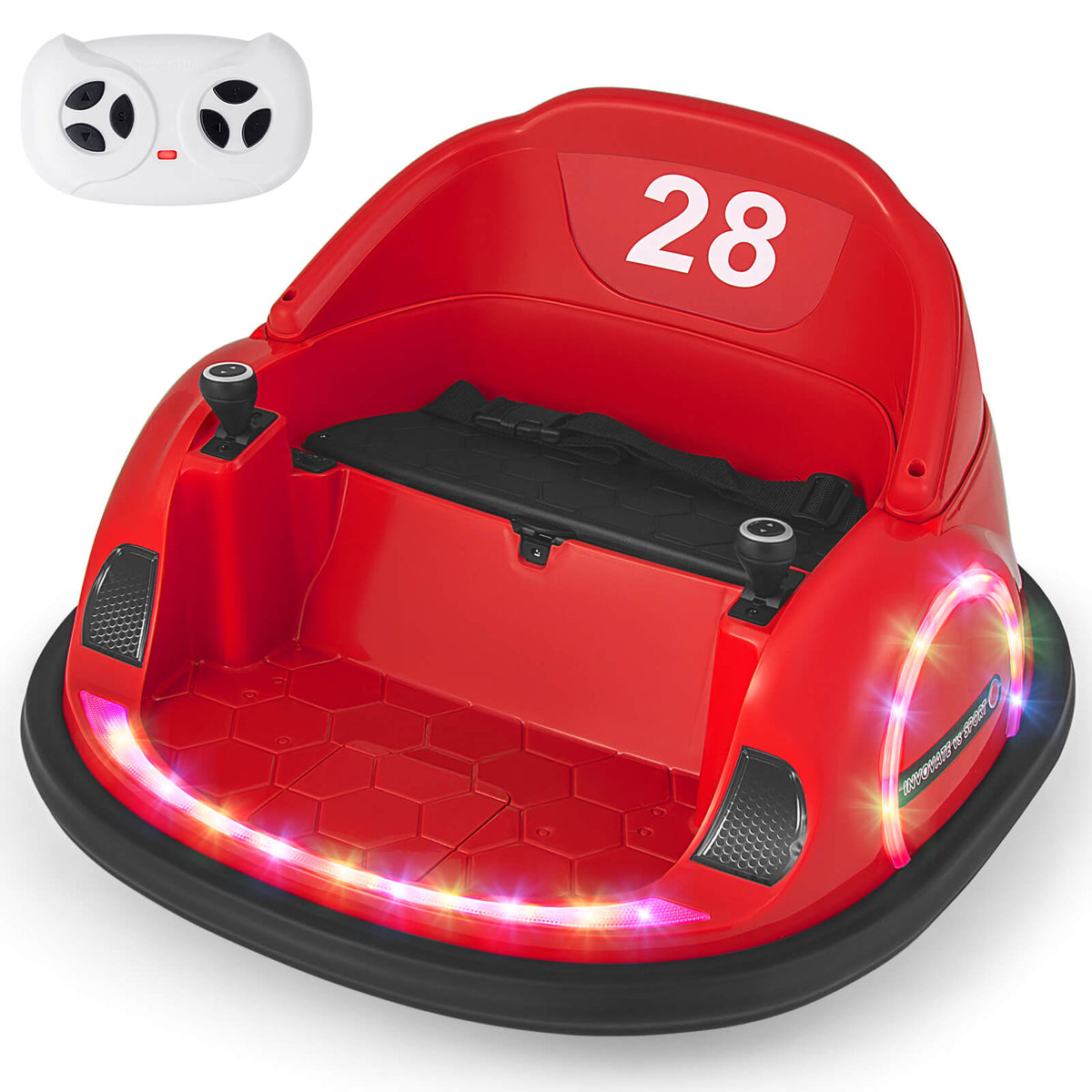 The kids electric car shown with its white remote control unit on a plain white background