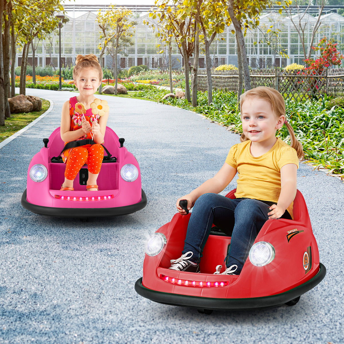 Two children enjoying a ride on bumper car in a park setting