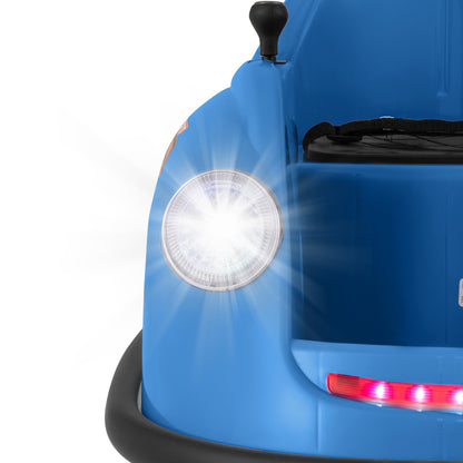 Detailed view of the headlight and front lights on the navy blue bumper car