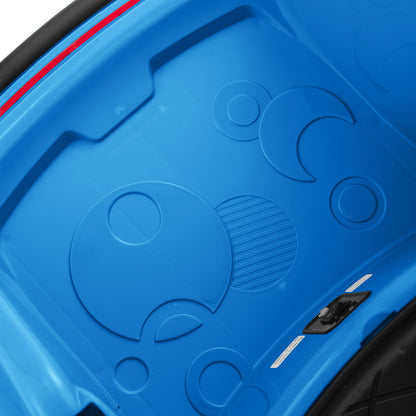 The navy blue floor area inside the kids electric car featuring embossed circular patterns