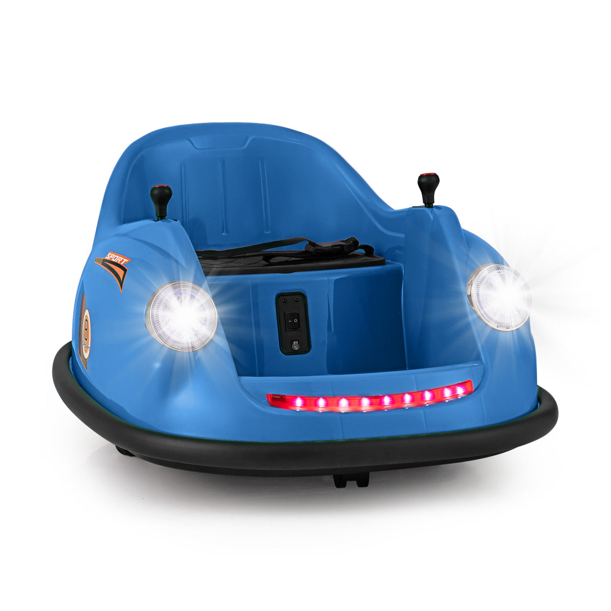 12V Kids Ride on Bumper Car in navy blue with lights on