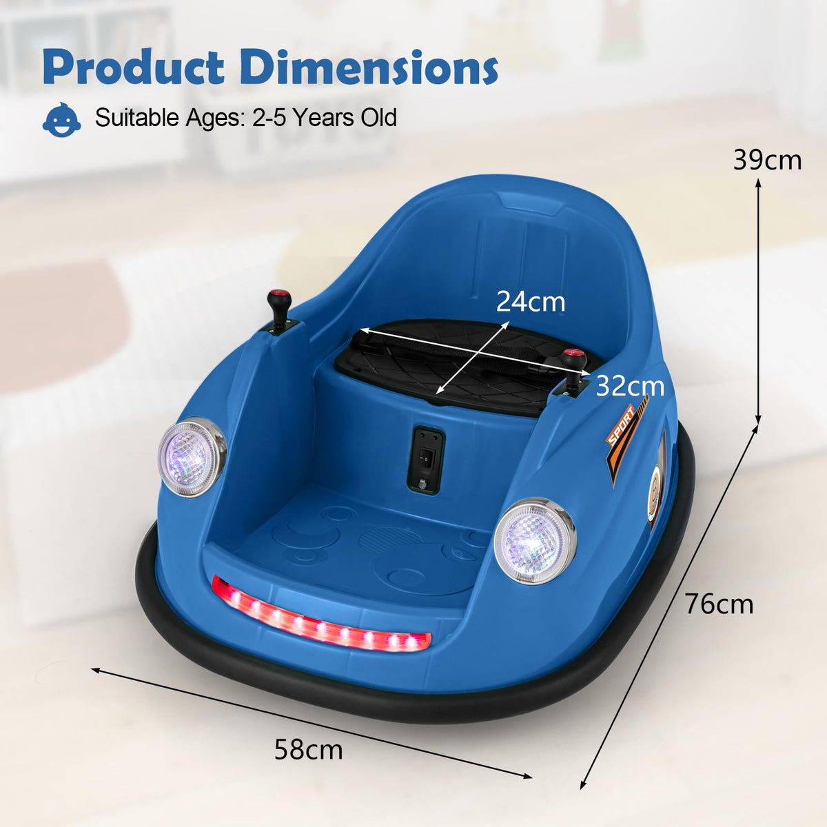 Product dimensions diagram for the navy blue kids electric car