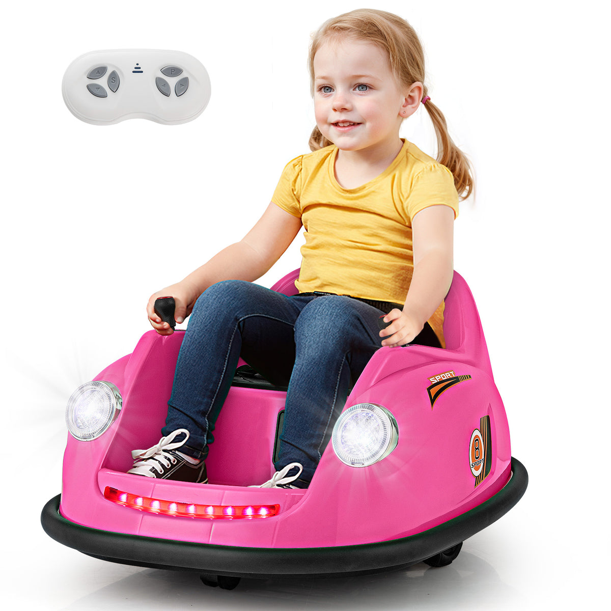 A young girl sitting in the kids electric car with a remote control shown above