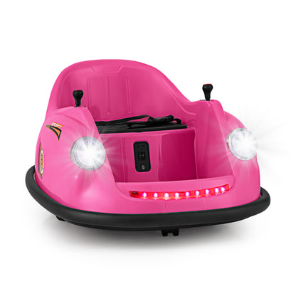 12V Kids Ride on Bumper Car in pink with bright white headlights and a red LED light strip