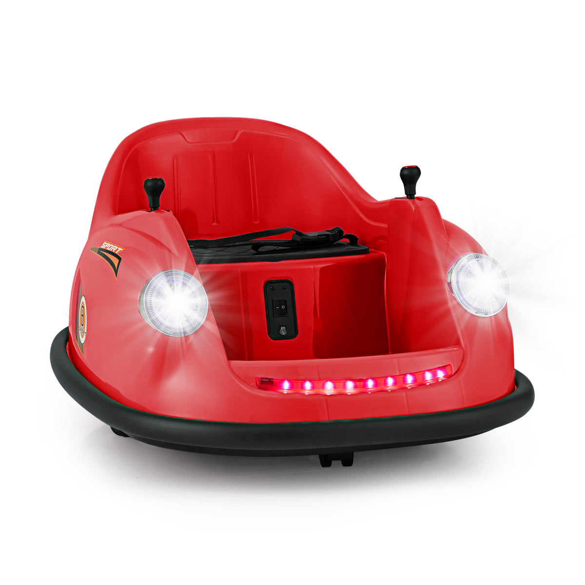 12V Kids Ride on Bumper Car in bright red with illuminated headlights and a front light strip