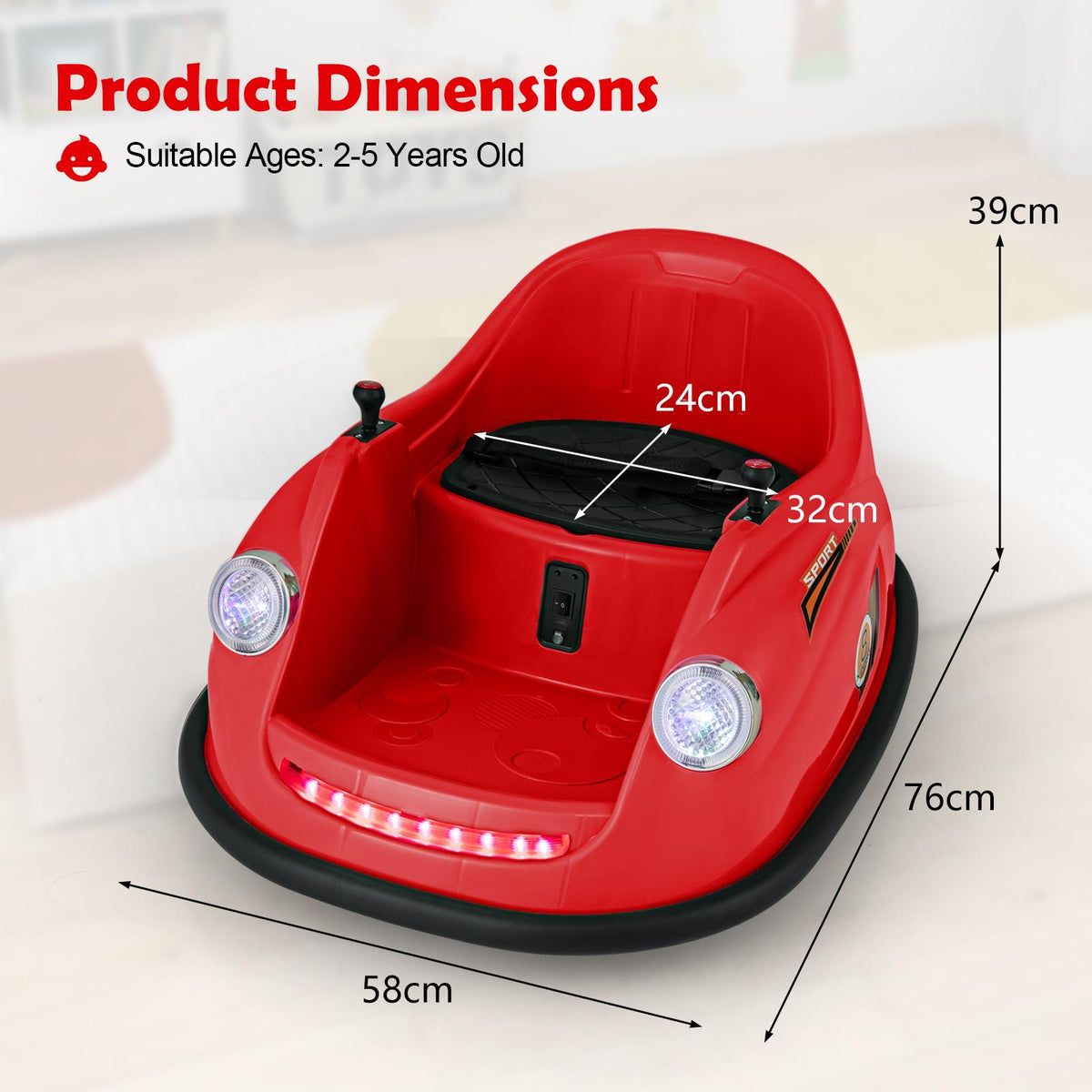 Red electric bumper car with dimensions for height, width, and depth clearly labelled