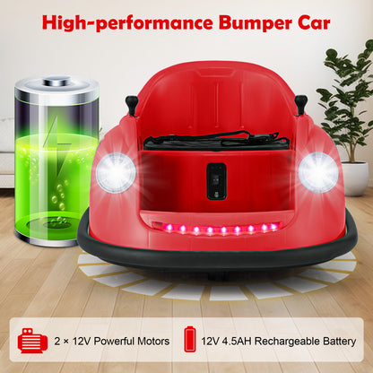 Red electric bumper car with battery and motor specifications displayed