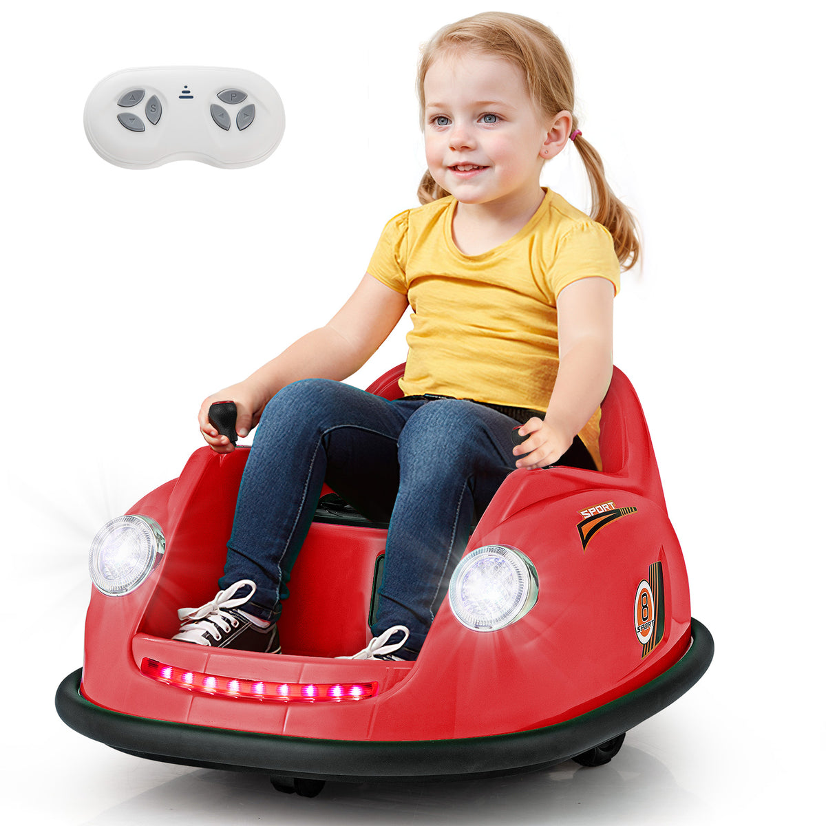 The kids electric car with a child sitting inside and a remote control shown above