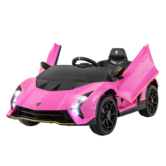 12V Kids Ride on Car 4WD Lamborghini Licensed in pink with open scissor doors and bright headlights
