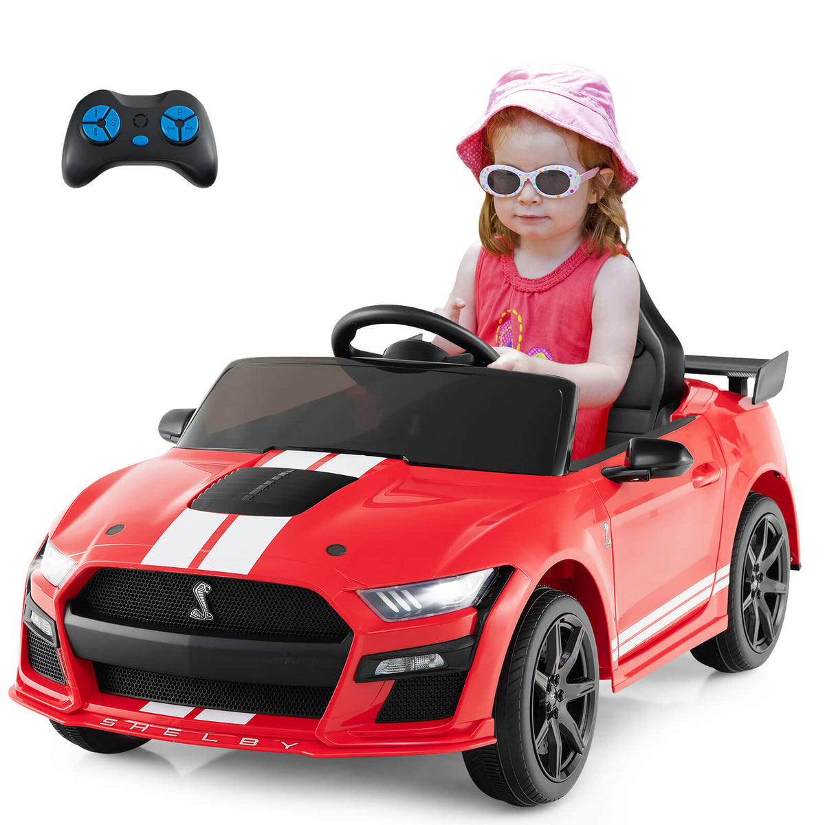 The kids electric car with a child sitting in the driver seat and a remote control above