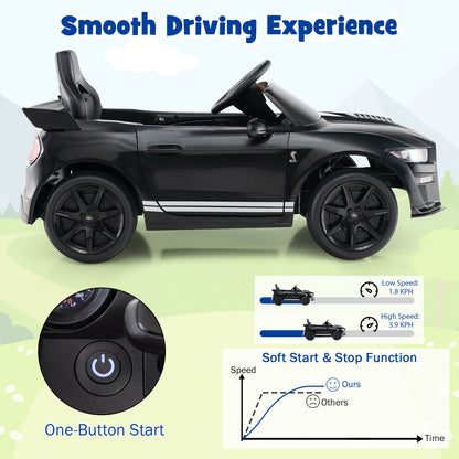 Close up of the black kids electric car dashboard with start button and speed graph