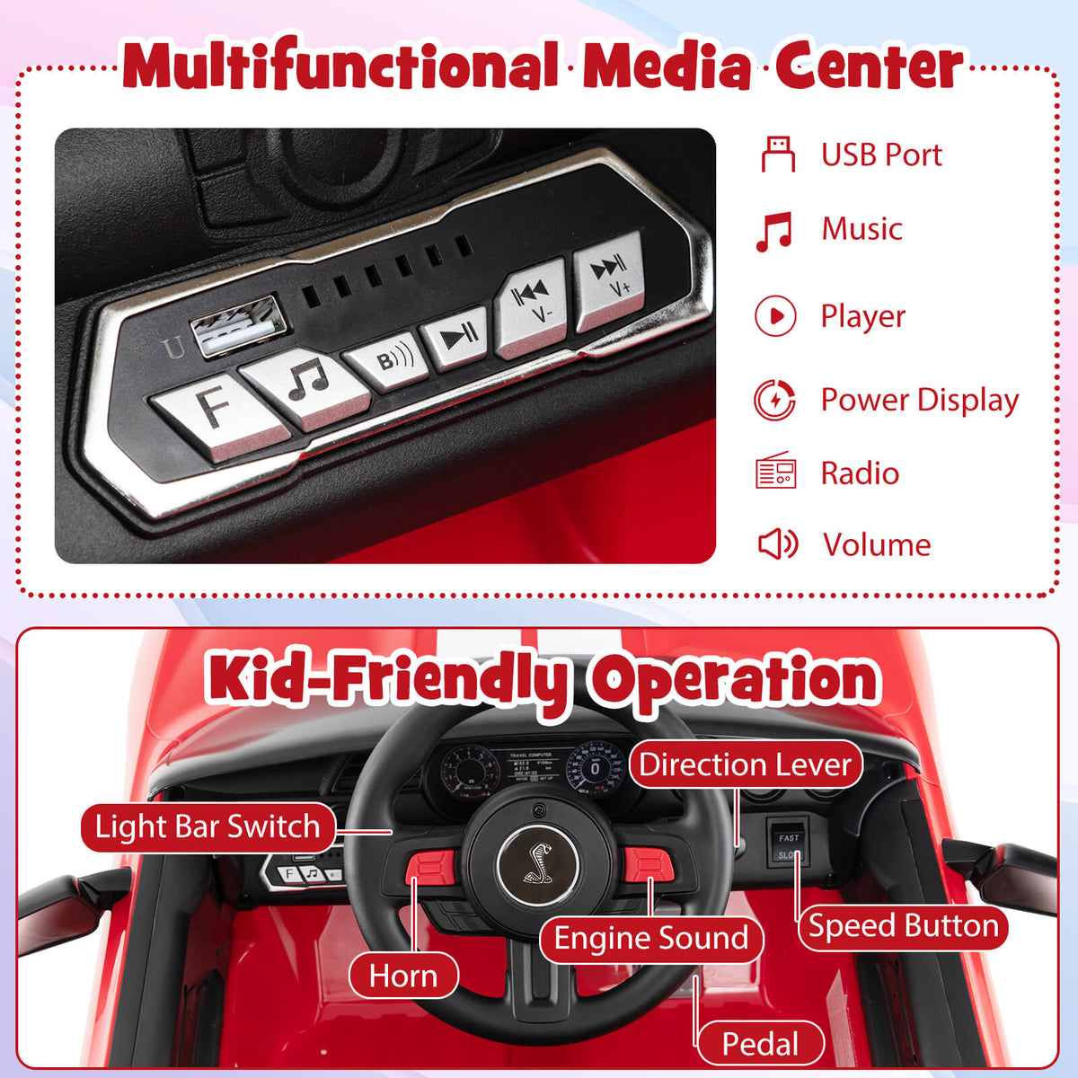 The kids electric car dashboard showing the media centre and steering wheel controls