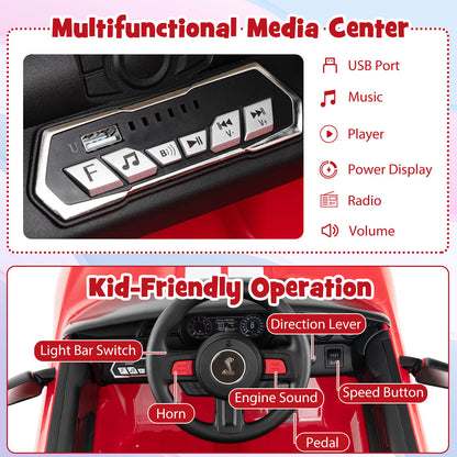 The kids electric car dashboard showing the media centre and steering wheel controls