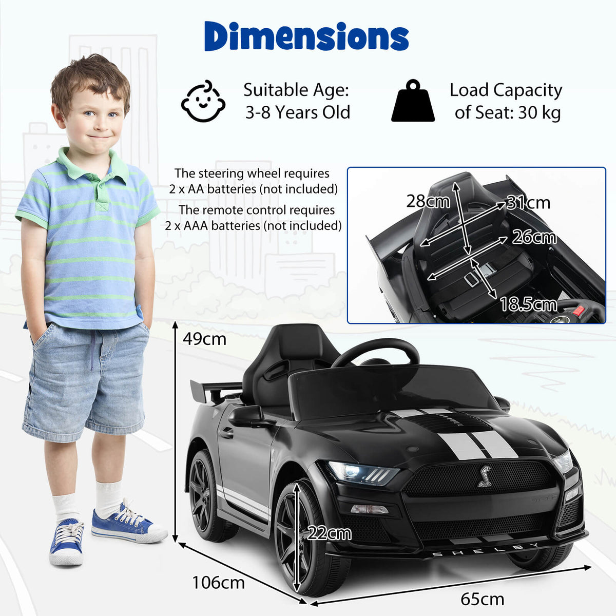 Dimensions diagram for the black kids electric car showing height and width