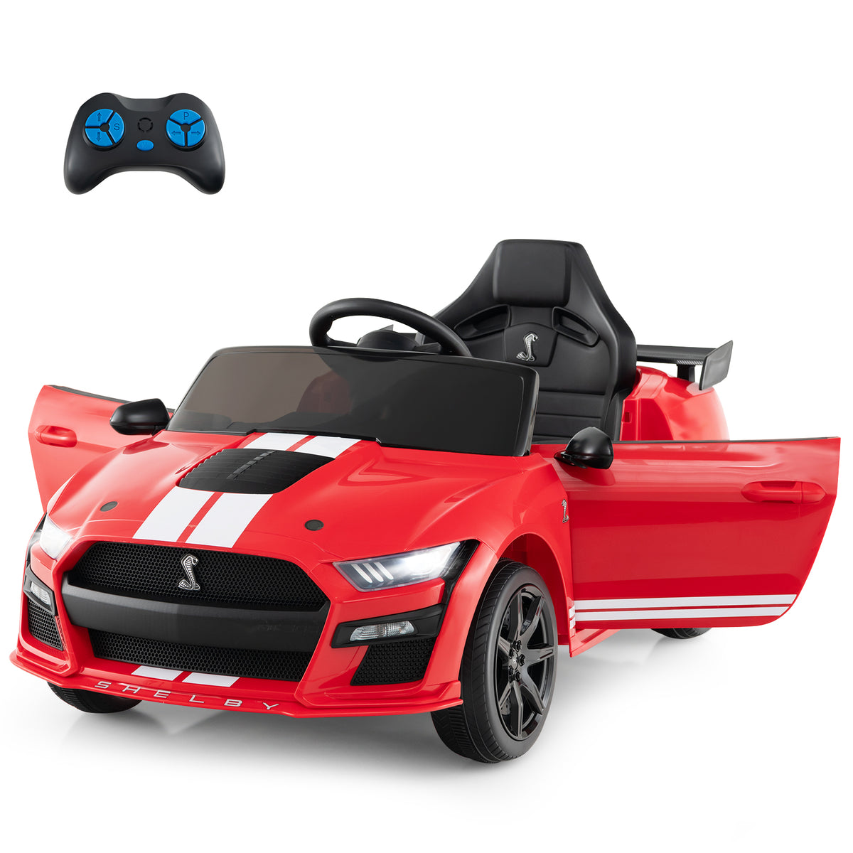 The kids electric car with both side doors open and a remote control floating above