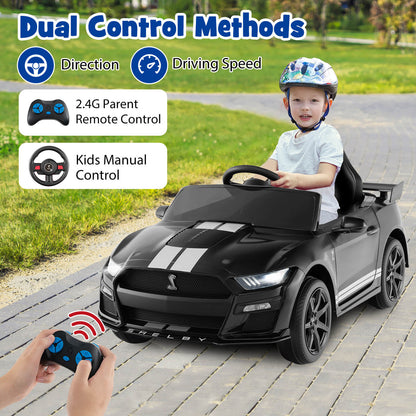 Black kids electric car with dual control methods shown, remote control and child driving