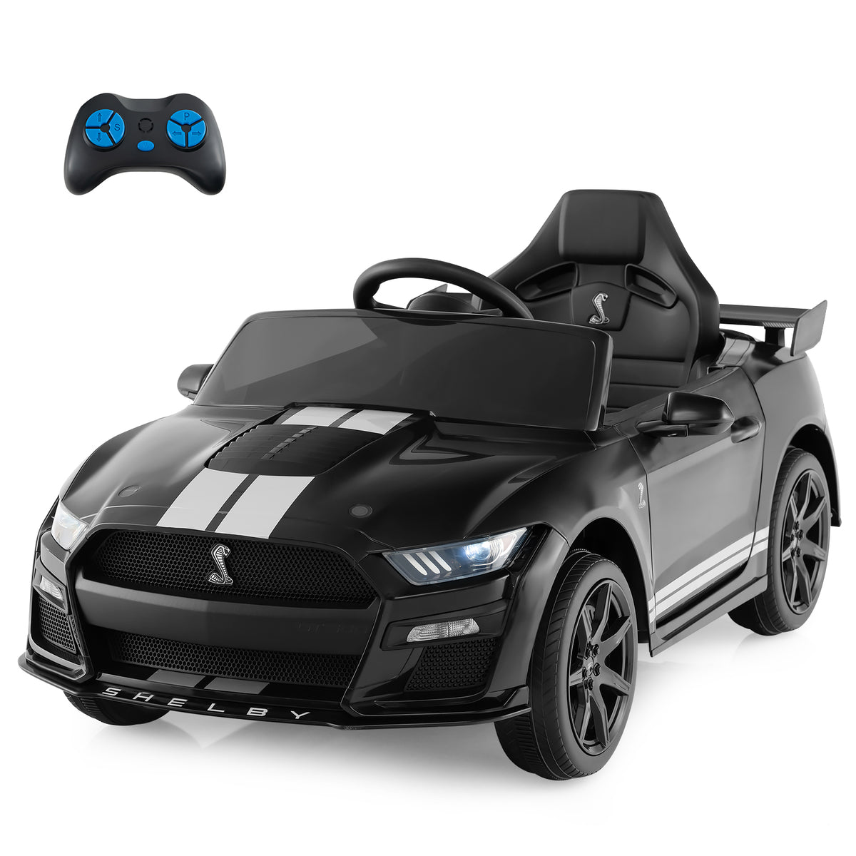 12V Kids Ride on Car Electric Licensed Ford Mustang Shelby GT500 in black with white racing stripes