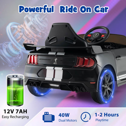 Rear view of the black kids electric car showing lights and battery details