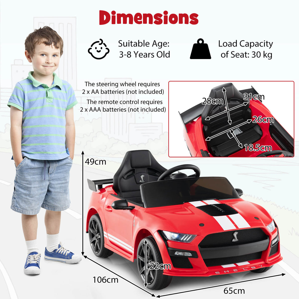 The kids electric car shown with a boy standing next to it and various size dimensions
