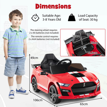 The kids electric car shown with a boy standing next to it and various size dimensions
