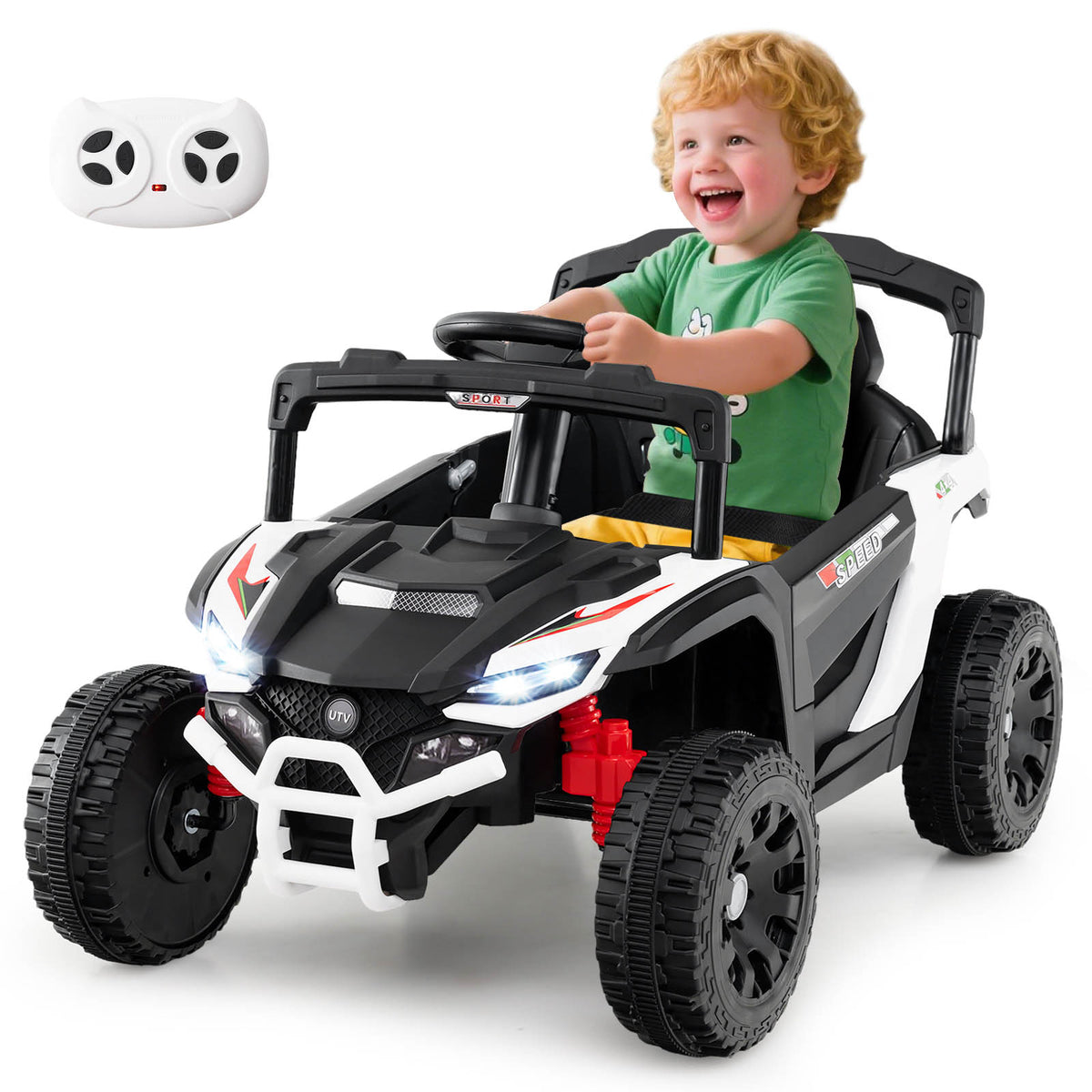 Happy child driving a white kids electric UTV with LED lights on a road