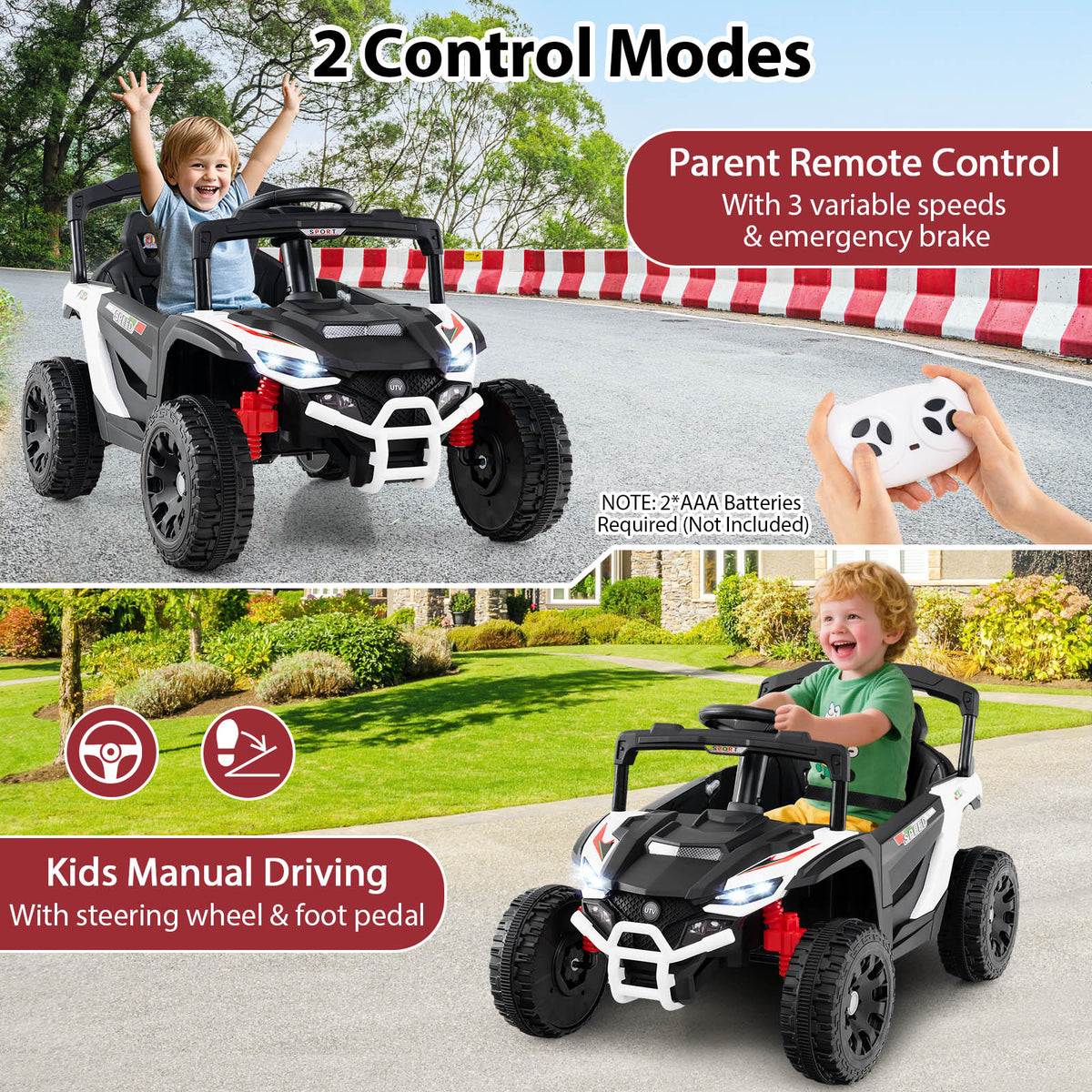 Collage showing a white kids electric UTV with two control modes: manual driving and parent remote control