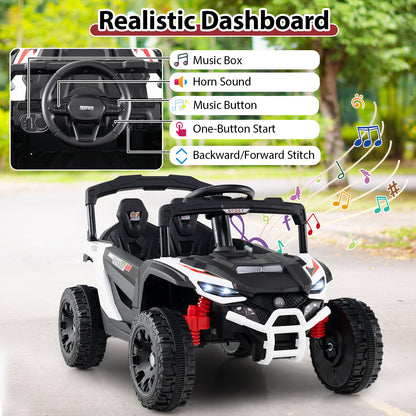 Close-up of the realistic dashboard of a white kids electric UTV, showing steering wheel and controls