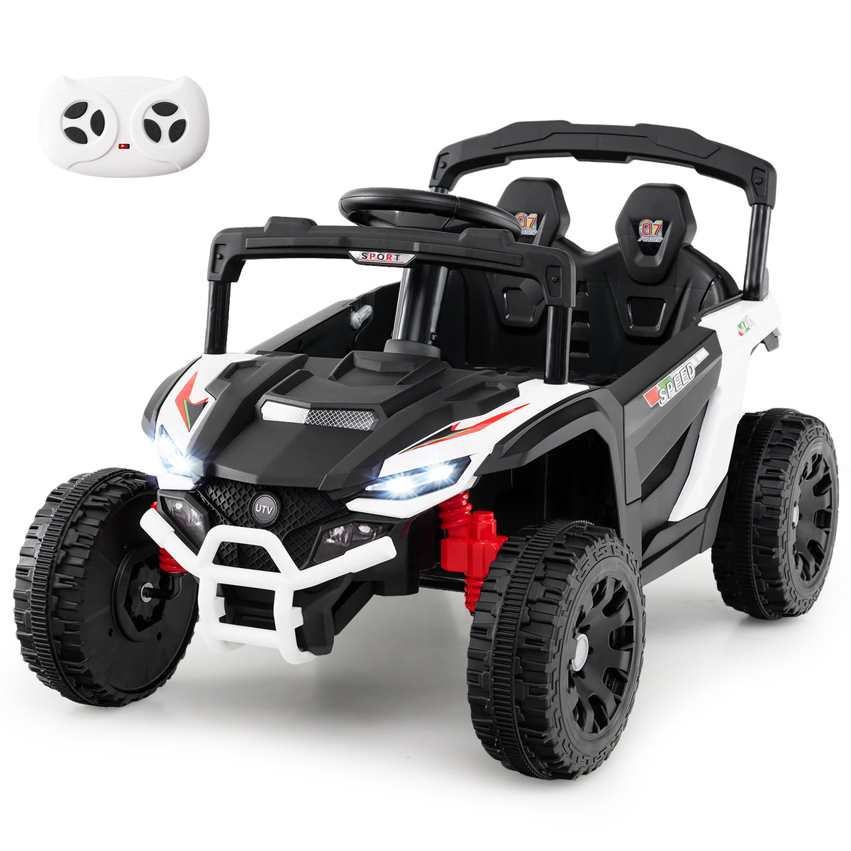 12V Kids Ride On Car Electric UTV with LED lights and music in white, shown from the front with remote control