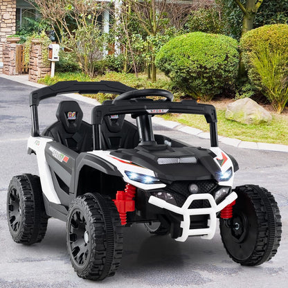 White kids electric UTV with black accents and red suspension details, parked outdoors